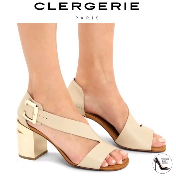 CLERGERIE Women's Beige Leather Abstract Gold Block-Heel Sandals Open toe Pumps - Picture 1 of 16